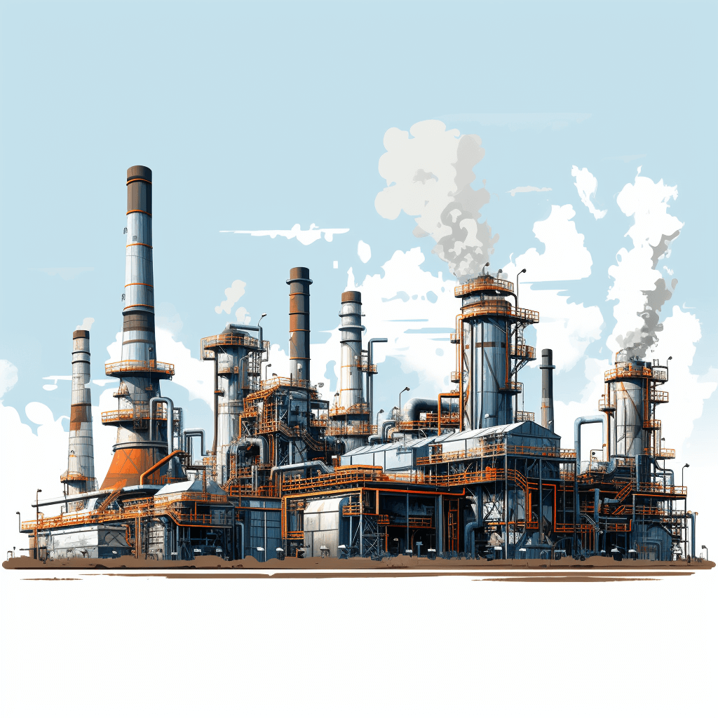 A detailed vector illustration of an industrial plant with smokestacks and steam, showcasing the scale and complexity of oil production in an icon style on a white background with high resolution, professional photograph quality, cinematic style, HDR effect, hyperrealistic details, sharp focus, and professional color grading with soft shadows.