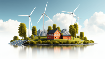 A photorealistic illustration of an island with wind turbines and solar panels, a house in the center surrounded by trees, blue sky background, white clouds, 3D rendering style, bright colors, natural lighting, green environment.