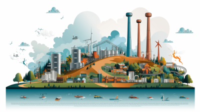 A flat illustration of an industrial landscape with modern tall buildings, plants and energy facility on the hill in front of it. The scene includes factory chimneys emitting smoke from their top part, wind turbines standing near water body at right side of composition, ships sailing along river mouth, cars driving down highway to city center on left side of the composition, white background, vector graphics, colorful, white space around all sides of elements, high resolution