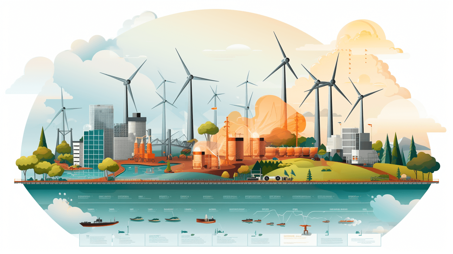 A flat vector illustration of an infographic showing the different types and dimensions of wind turbines in front, with city buildings on one side, natural landscape such as trees, water bodies and beaches behind, surrounded by a cloud sky. The whole scene is depicted in a bright color palette of green, blue, orange and white. A ship floats at sea near the coastal shoreline to convey motion of energy flow between land and ocean. There is also some text and numbers about their characteristics, in the style of different artists.