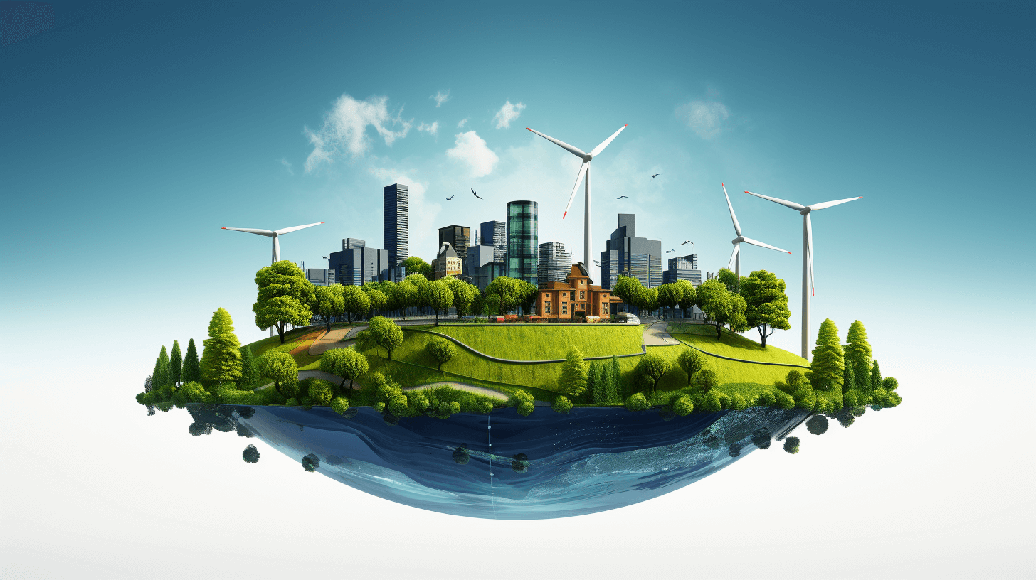 A floating earth with greenery and wind turbines, representing sustainable energy. The background is white to highlight the Earth. In front of it lies an urban landscape, with buildings surrounded by trees, creating harmony between nature and city life. This concept symbolizes environmentalism or sustainability in modern society.