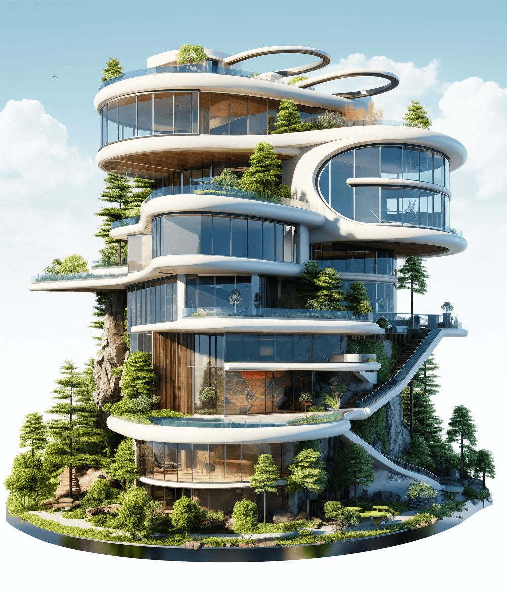 A futuristic building with multiple floors, featuring spiral staircases and terraces made of glass that surround the structure. The exterior is adorned with lush greenery, creating an eco-friendly atmosphere. A large balcony on one side offers stunning views over nature. Rendered in a realistic style with high resolution.