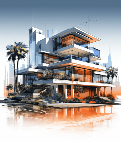 highend modern mansion in the style of double exposure, architectural rendering, sketchy , palm trees and cityscape, aerial view, perspective, white background, orange accent color, high resolution, hyper realistic, highly detailed, high contrast, high quality, hyperrealistic, HDR, high dynamic range, high definition