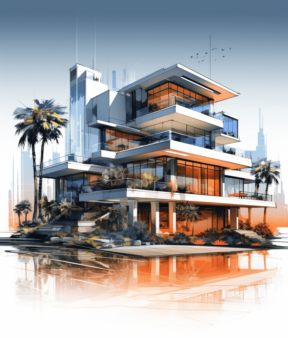 highend modern mansion in the style of double exposure, architectural rendering, sketchy , palm trees and cityscape, aerial view, perspective, white background, orange accent color, high resolution, hyper realistic, highly detailed, high contrast, high quality, hyperrealistic, HDR, high dynamic range, high definition