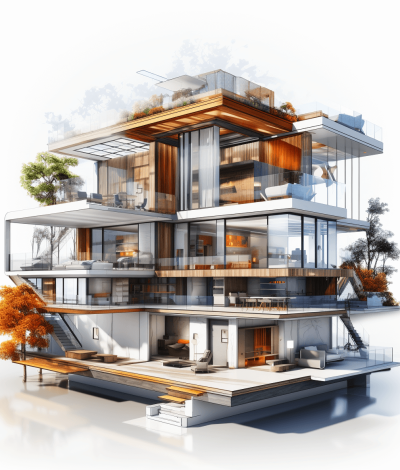 3D rendering of a house cutaway in the style of a high-tech style with a white background and natural light. Ultra realistic renderings of an architecture design showing a multi-story modern home with wood and glass materials and interior details. Architectural visualization at a high resolution with hyperrealistic details of an urban landscape.