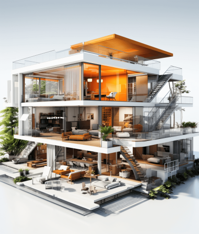 Ultrarealistic modern house cutaway rendering, multi eaten by floors and rooms, white walls with orange details, interior decorated in the style of [Jony Ive](https://goo.gl/search?artist%20Jony%20Ive) , stairs on two levels, terrace at ground floor, garden with plants, perspective view from above, light background, high resolution