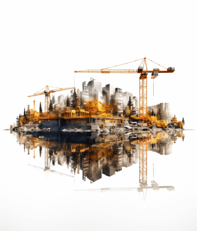 Double exposure of construction site and cityscape, white background, isolated on the edges, reflection in water, golden color tone, digital art style in the style of high resolution