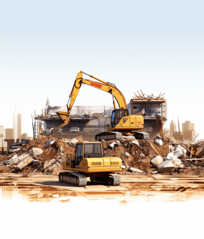 Generate an illustration of a yellow excavator working on a construction site with piles of building debris, against a cityscape background. The scene should capture the industrial essence and work environment in daylight. Ensure that all elements fit within the solid white isolated background for easy cutout. Focus on attention to detail for realistic textures and colors of the machine, architecture, urban setting, and lighting effects in the style of no specific artist.