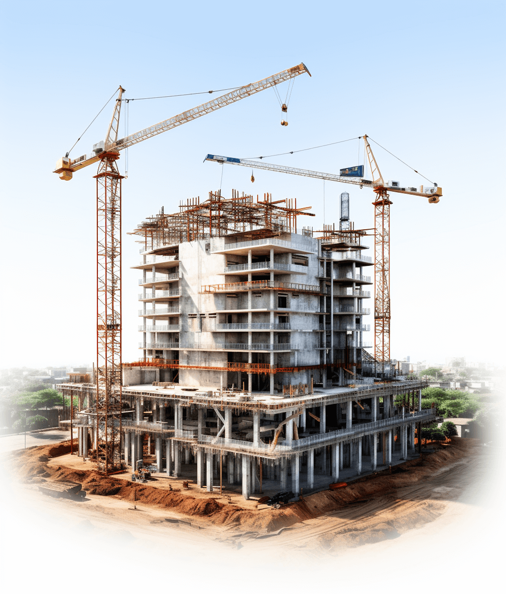 Realistic photograph of an apartment building under construction, featuring cranes and workers in the background, isolated on white solid color clean simple background, high resolution photography, insanely detailed, stock photo, professional photoshoot