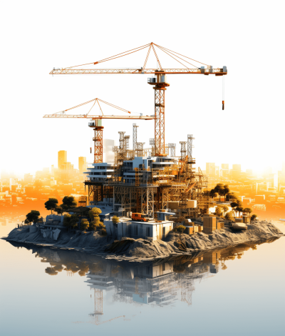 A construction site with cranes and building structures on an island in the middle of water, orange gradient background, bright white light, hyperrealistic, octane render, 3D art, digital art, high resolution, hyper realistic, high detail, high contrast, sharp focus, ultra wide angle, cinematic lighting, dramatic shadows, natural sunlight, clean sharp focus, perfect composition, no blur