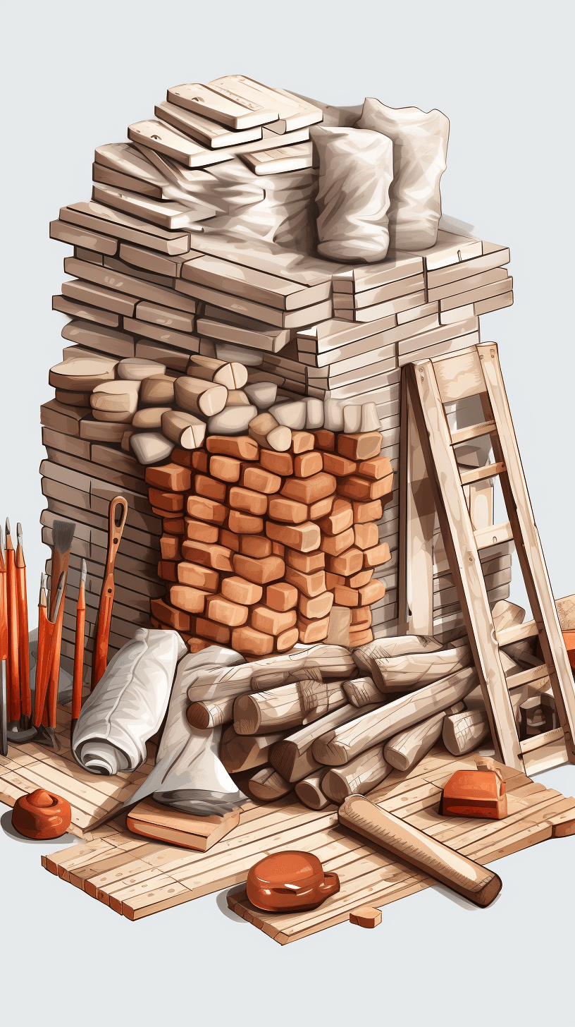 A pile of bricks, tools and wood in the style of cartoon realism illustration.