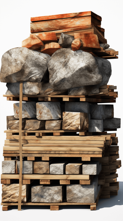 3D model of wood and rocks stacked on pallets against a white background, in the style of Pixar.