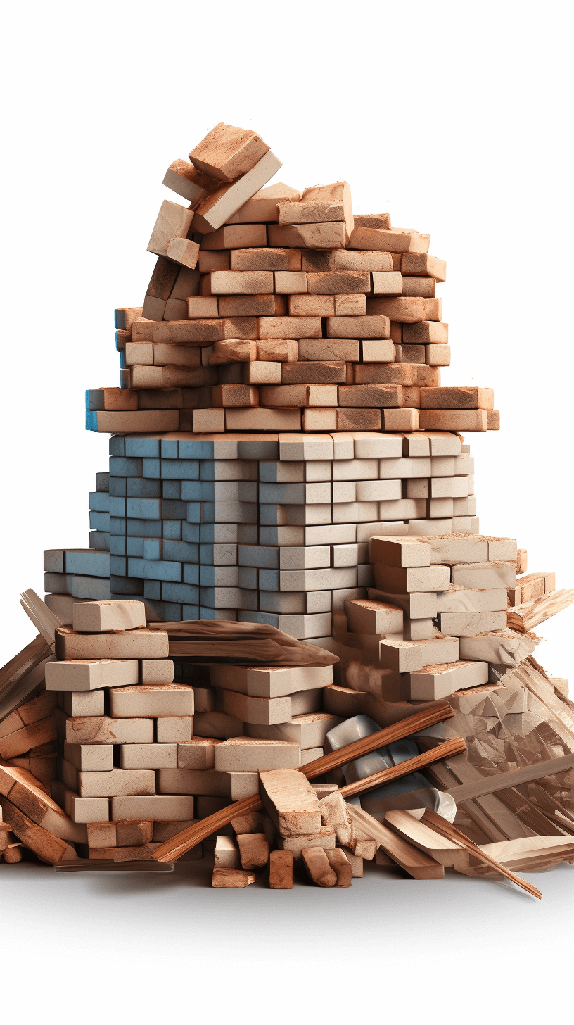 A pile of wooden blocks, building materials and wood planks in the shape of a house on white background, 3d illustration style, 2D illustration style, detailed, hyper realistic, product photography, png cutout, PNG format with transparent background, professional photo, studio light, isolated on a clean white background