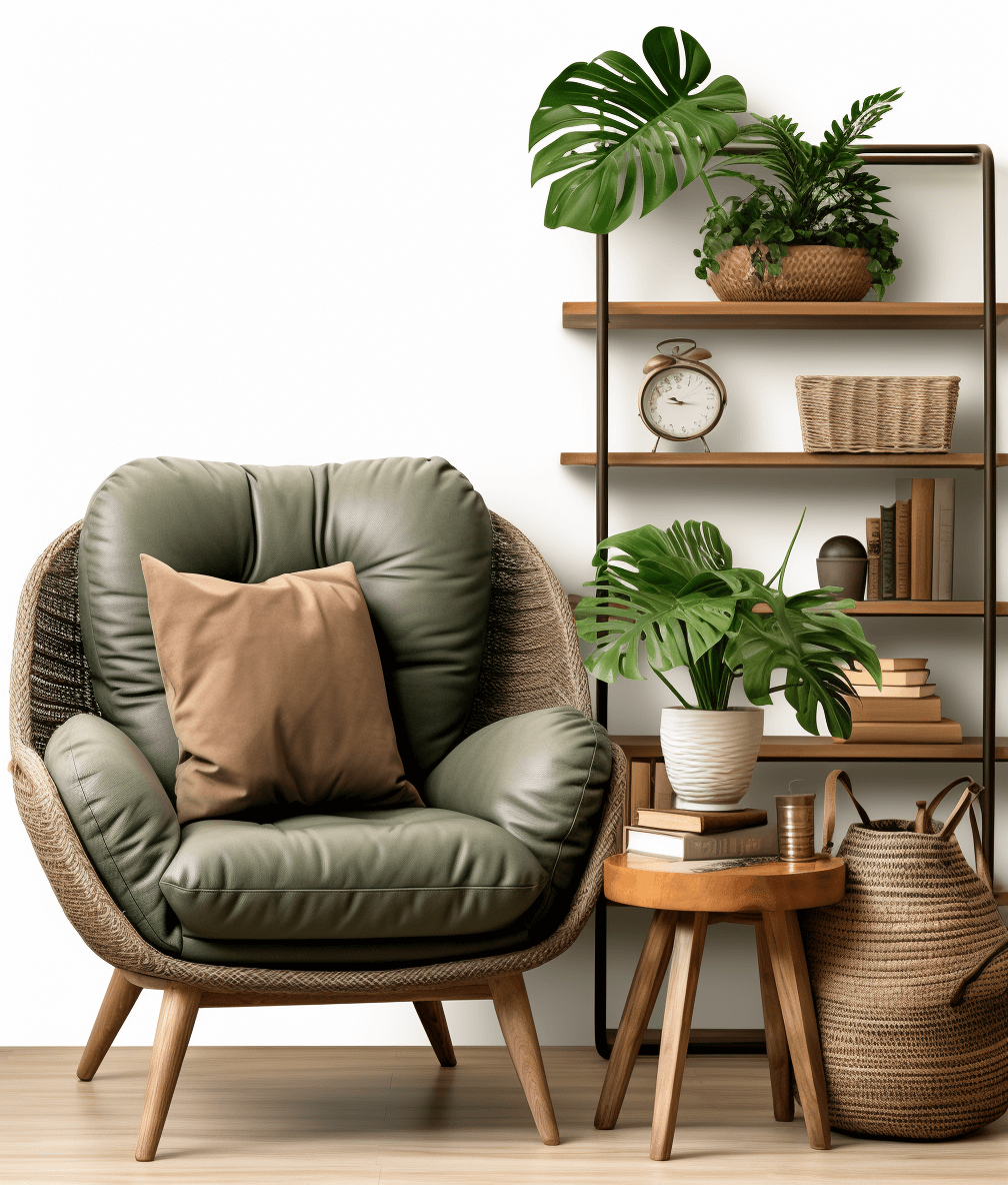 A green leather armchair, a wooden shelf with books and plants on it, a brown wicker side table with a clock, a monstera plant in a pot, a cozy home interior design of a modern living room in the style of 3d rendering, white background