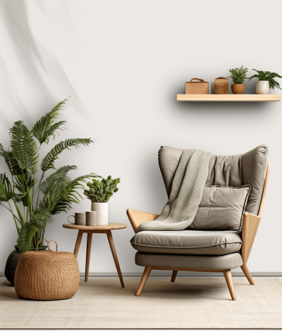 Modern interior, wooden armchair with gray fabric and soft blanket on light beige wall background, round coffee table with potted plants and decorative accessories, minimalist style, wooden shelf above the chair with small vases, natural daylight