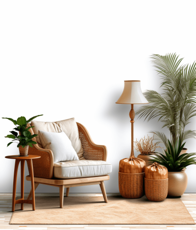 A living room with rattan furniture, wooden side table and floor lamp, white wall background, decorated with plants, warm color tone, interior design style, closeup perspective view, soft lighting, high resolution photography, realistic details, natural light, wooden armchair, cozy atmosphere.