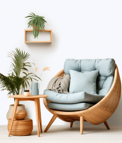 An wooden armchair with light blue cushions stands against the wall, next to it is an oval shaped table made of bamboo and wood, on top there's a potted plant in beige tones, nearby you can see a cozy blanket in gray color. The background is white, there should be no shadows from plants or furniture. A soft lighting effect creates an atmosphere of comfort and calmness. In front of the chair, place two vases filled with tropical leaves in the style of tropical leaves.