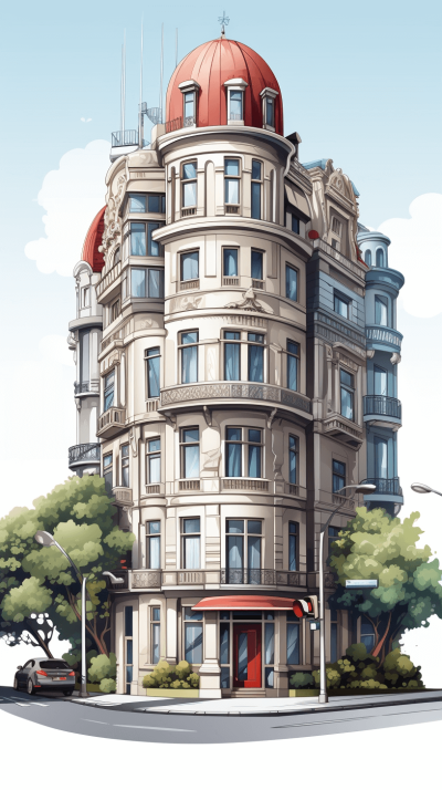 An illustration of an old hotel building in the style of flat design, cartoon realism, street art, and city portraits with realistic details, architectural rendering, and detailed character illustrations. It features natural light and a simple background with no cars or people. The exterior is white with red domes and blue accents, surrounded by trees and buildings. A car is parked at its entrance. It has large windows and gray concrete walls.