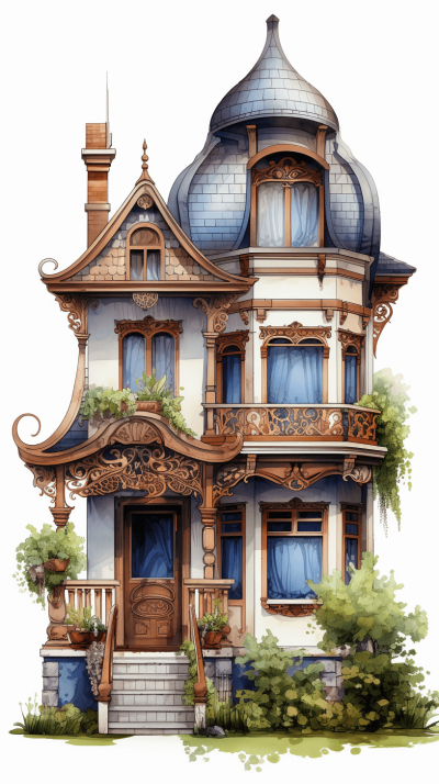 beautiful detailed watercolor illustration of an ornate Victorian house, full page design with detailed character illustrations on a white background, creating a magical atmosphere. The illustrations have an atmospheric and dreamy style with detailed architecture paintings and fantasy art elements. The highly detailed illustrations have an elegant realistic style with simple designs isolated on a clean background, in the style of fantasy characters.