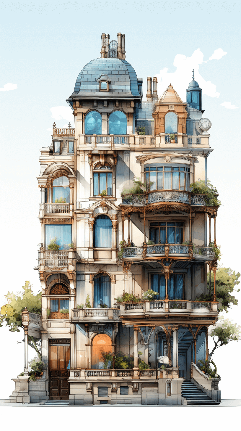 A cartoon building in the style of Art Nouveau, with many windows and balconies, in the style of [Atey Ghailan](https://goo.gl/search?artist%20Atey%20Ghailan).