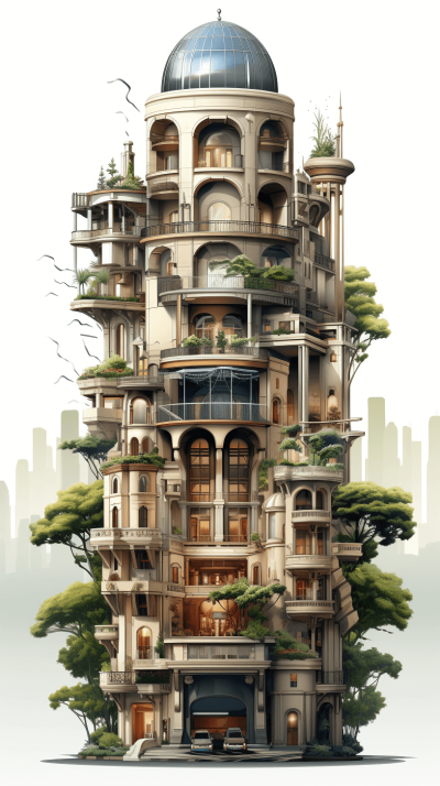 A tall building with many floors, each floor has a different style of living space and vegetation. The top is an elegant dome that covers the whole tower. In front there is a car parked on one side. This concept illustration captures the architectural essence in a realistic and detailed manner. It showcases intricate details such as materials like wood or stone, textures, colors, plants, lights, and shadows, creating depth and realism to highlight its unique design in the style of a realistic architectural illustration.