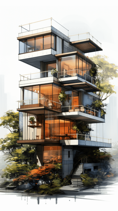 A threestory building with modern architecture, surrounded by trees and plants, featuring watercolor illustrations, hand drawn details, high resolution, and high quality images., focus on materials, super detailed