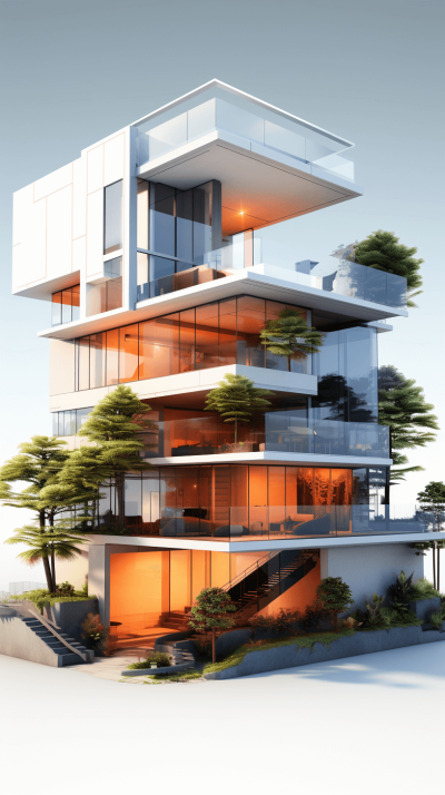 modern style house with three floors, modern architecture, orange and white colors, minimalistic design, perspective view, 3d rendering, high resolution photography, detailed, high details, architectural photography, octane render, 24mm f/8, ultra realistic