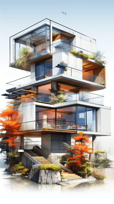 An architectural rendering of an apartment building in the style of [Kengo Kuma](https://goo.gl/search?artist%20Kengo%20Kuma), made of glass and white steel with terraces above each floor overlooking nature on all sides, with autumnal trees and plants in the foreground, a high definition render with highly detailed.