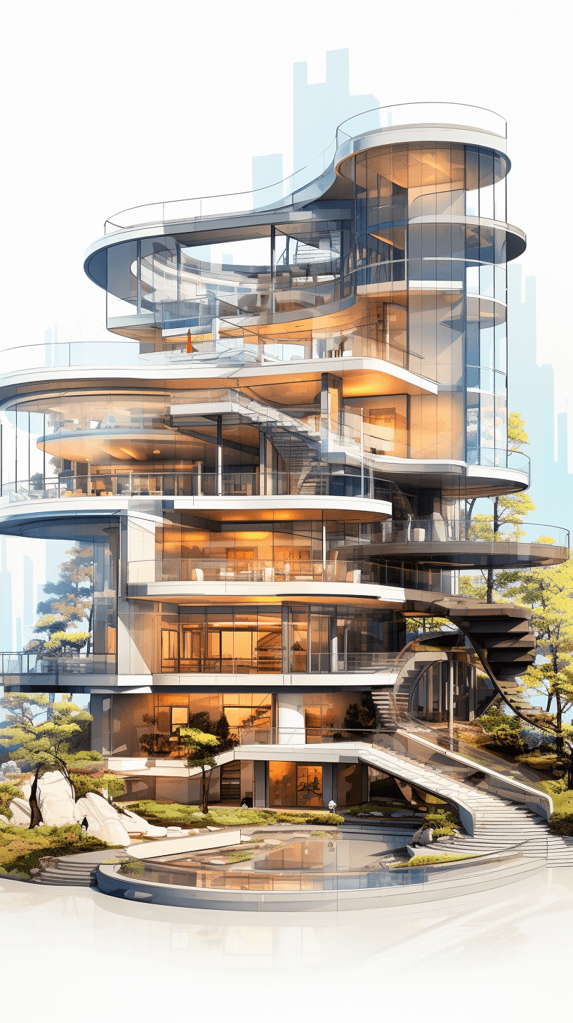 Design of a three-story residential building with multiple floors, an architectural rendering of glass and steel materials with a Chinese landscape background, a curved shape in the futuristic style, architectural design renderings in a natural light landscape setting.