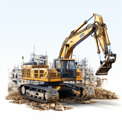 Generate an illustration of the front view, A yellow excavator on white background, An urban building is being torn down in pieces and dust flies around it, Unreal Engine, High resolution photo realistic rendering