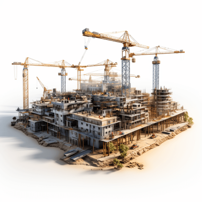 A realistic photo of an industrial construction site with cranes and building materials, on a white background. The scene includes multiple buildings being constructed in the center of it, surrounded by sand dunes. In one corner is a residential apartment complex under preparation for a real estate development project. This hyperrealistic photograph captures intricate details and textures of each element, creating a high-resolution image that showcases professional photography techniques and lighting in the style of a professional photographer.