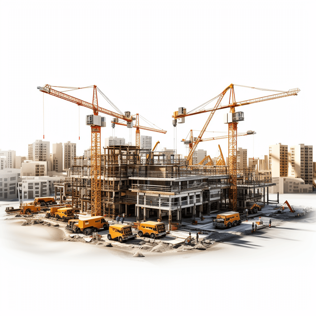 A realistic photo of a construction site with cranes, building materials and vehicles on a white background, 3D rendering, high definition, no blur effect, no shadows, in the style of hd, no blur effect, no shadows.