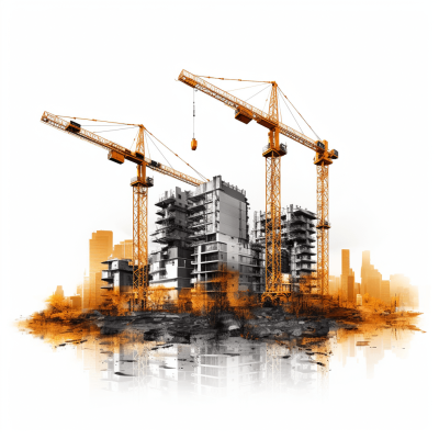 A digital illustration of construction cranes and buildings in the background, on a white isolated background with orange highlights. The focus is on modern building development and design concepts. There's an artistic effect overlay that adds depth to the scene. It captures attention and shows vitality in architecture in the style of modern development.