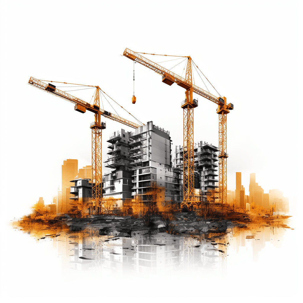 A digital illustration of construction cranes and buildings in the background, on a white isolated background with orange highlights. The focus is on modern building development and design concepts. There’s an artistic effect overlay that adds depth to the scene. It captures attention and shows vitality in architecture in the style of modern development.