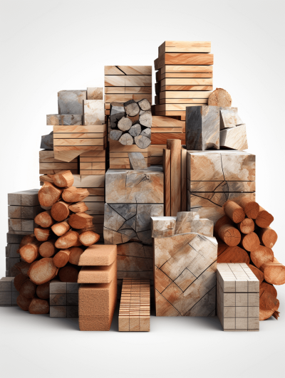 A pile of various types and sizes of wooden planks, timber blocks, and beams stacked on top of each other in the style of rendered in cinema4d, naturalistic materials, rounded forms, industrial material, white background, textured illustrations, editorial photography