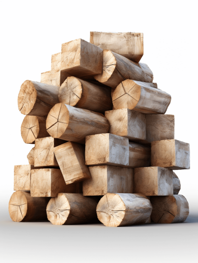 Pile of wood, realistic high resolution stock photo, white background, photorealistic style