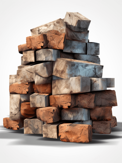 3D render of a pile of wood blocks, on a white background, in the style of blender rendering, with high resolution photography, high details and realism, using studio lighting, with low contrast