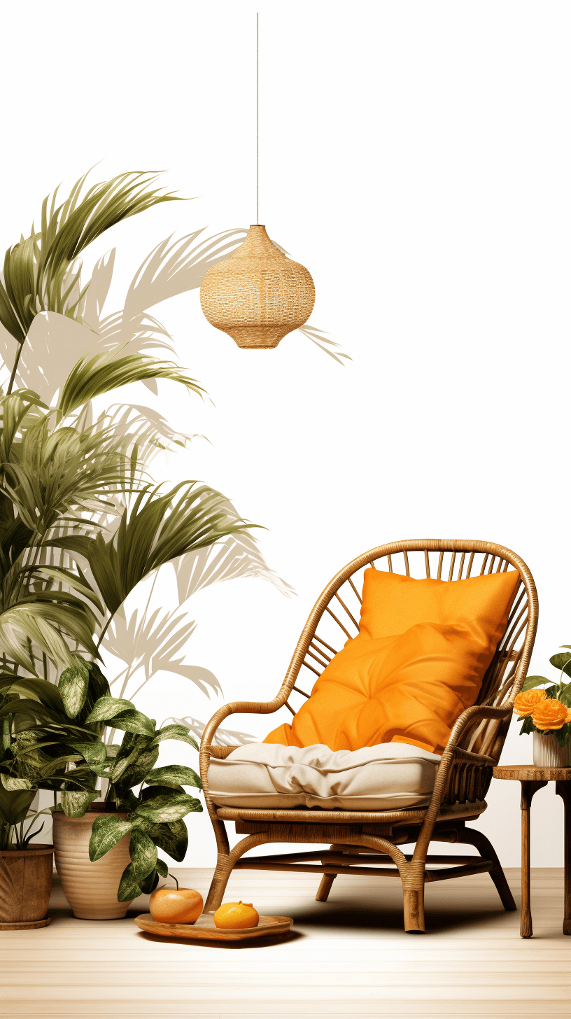 Rattan armchair with orange pillow, tropical plants and hanging pendant light on white background, 3d rendering illustration of home interior design. Home decor in boho style for summer or springsummer season,