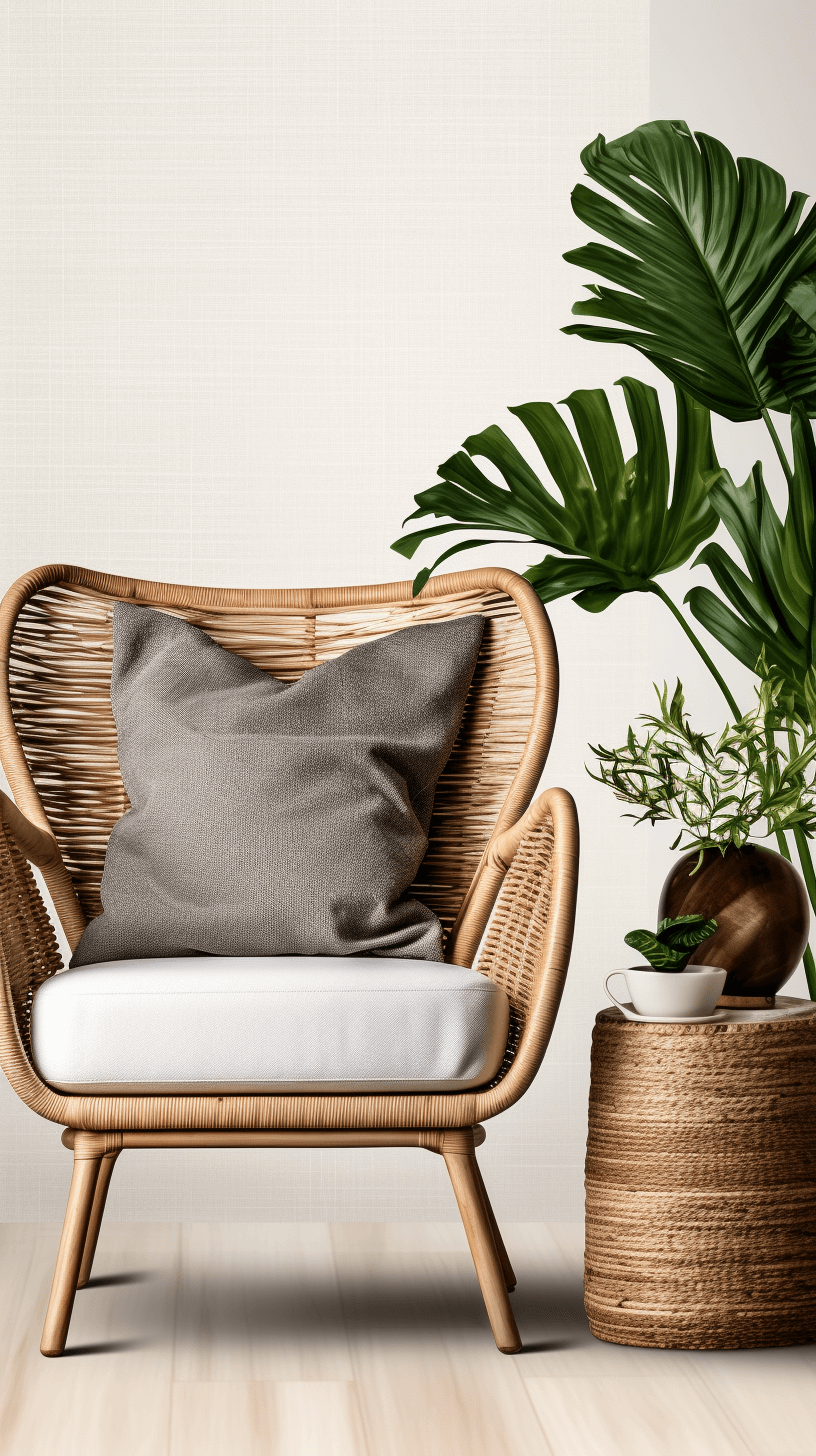 3D rendering of a wicker armchair with a grey pillow and plant on a wooden side table against a white wall in a home interior, a mock up for design or decoration. Closeup shooting, 4K, ultra realistic, high detail, in the style of Agfa Vista Plus 200, stock photography.