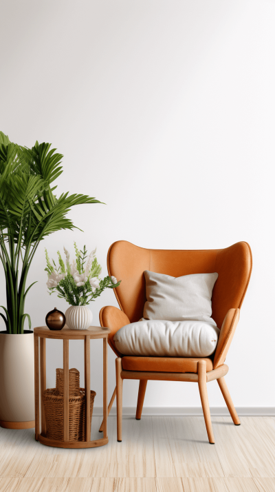 Scandinavian interior design of a modern living room with a retro orange armchair, a wooden side table and a green plant on a white wall background, 3D rendering, high resolution photography, with fine details, isolated on a plain background, in the style of a professional photographer with color grading, hyper realistic.