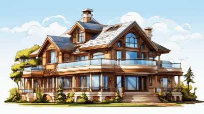 Illustration of a modern wooden house with large windows and a terrace, in the cartoon style, 2D game art front view, high resolution, detailed design, detailed structure, daylight, sunny day, white background.