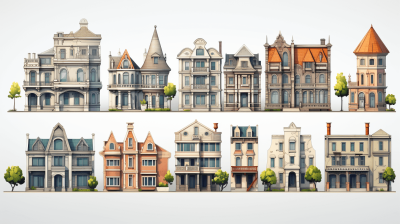 A set of vintage townhouses in different styles, with detailed architectural features like turrets and towers. Each house has its own unique color scheme and design elements. They are rendered in a flat vector art style on a white background. The illustration is designed for use as game assets, featuring high resolution and realistic textures to capture the details of individual buildings. This presentation technique creates an atmosphere that evokes nostalgia while maintaining clarity in game graphics.