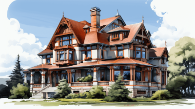 Beautiful Victorian style mansion with large windows and red roof, concept art in the style of Pixar, character design in an cartoonish, watercolor pencil drawing style, cartoon, anime style.