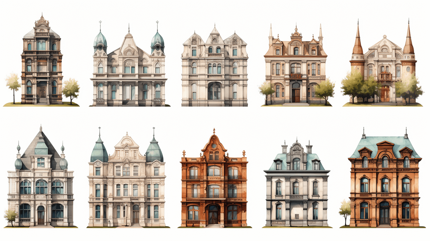 set of vintage victorian villa buildings, front view, detailed architecture illustration clipart in the style of [Thomas Kinkade](https://goo.gl/search?artist%20Thomas%20Kinkade) and in the style of [Artgerm](https://goo.gl/search?artist%20Artgerm), white background, watercolor, flat design, high resolution, no shadows on other elements