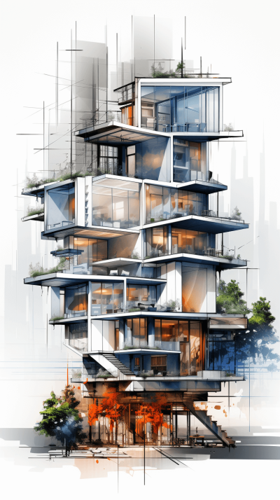 architectural drawing of a tall modern building with balconies on a white background, in the architectural sketch style, with high detail and vibrant colors, with double exposure photography and hyper realistic details, with ultra detailed