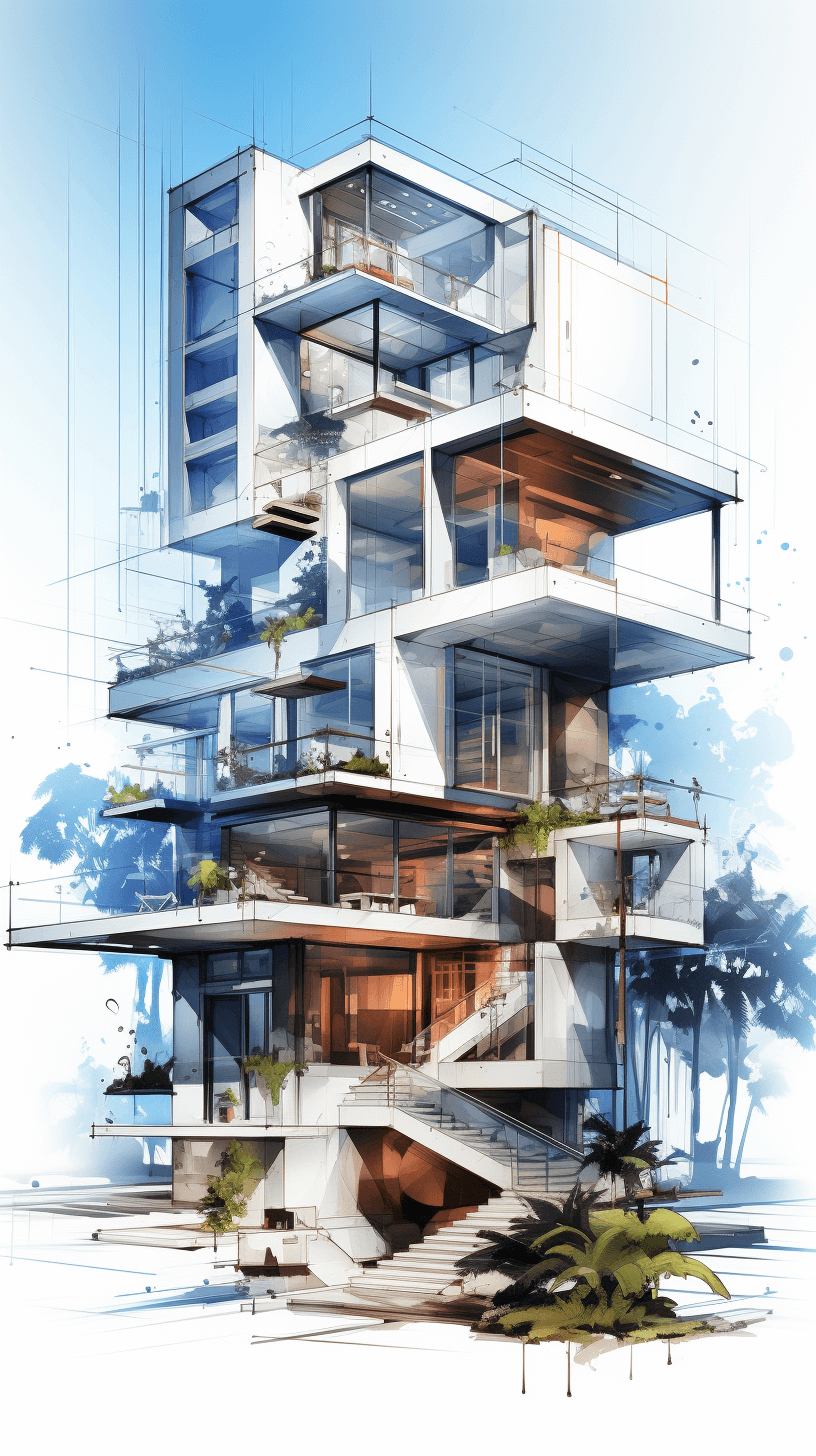 architectural drawing of an apartment building in the style of double height modern architecture, stacked terraces with panoramic windows, multilevel, large balconies and vegetation on every level, perspective view, sketch lines, watercolor, blue sky background, white tones, palm trees, architectural design concept,