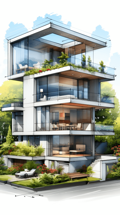 A three-story modern villa with large glass windows, balcony plants and flowers on the roof of green vegetation. The building is surrounded by trees, grasses, shrubs, cars parked in front of it, and an outdoor dining area inside. Watercolor illustrations, architecture, interior design, high-definition details, architectural rendering, landscape perspective, and perspective composition in the style of watercolor.