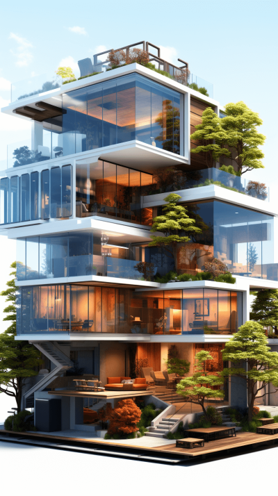 A futuristic building with multiple floors, glass walls and bonsai trees on each floor, hyper realistic in the style of octane render, highly detailed