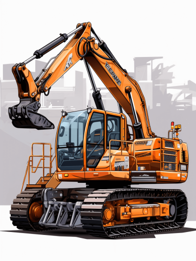 Illustration of an orange excavator on a white background with a city in the backround, in the vector graphic style. A simple yet detailed vector art design with clean lines and high contrast. The vector illustration has no shadows but high resolution and sharpness. The style aims for hyper realism with intricate details, perfect composition and highly detailed rendering.