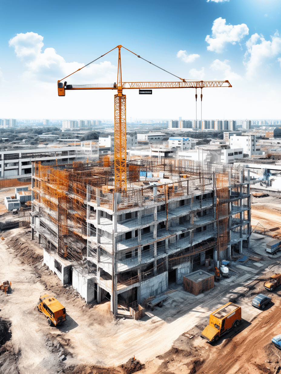 Aerial view of a construction site with a modern building under progress, a yellow crane and machinery, a cityscape background, a blue sky, a sunny day, bright daylight, a wide angle shot, high resolution photography in the style of hyper realistic.